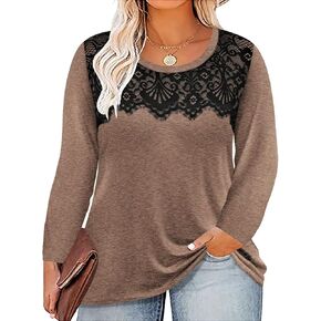 RITERA Plus Size Lace Tops for Women Long Sleeve Crewneck Pullover Fall T-Shirts Tunics Basic Tees T-Shirts XL-5XL