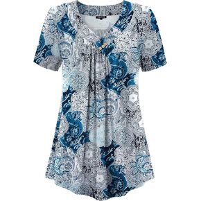 FOLUNSI Women’s Plus Size Short Sleeve Henley Shirt V Neck Floral Blouses Tunic Tops M-4XL
