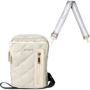 KEDZIE Cloud 9 Quilted Puffer Convertible Sling Bag (Glacier Gray) & Interchangeable 2-Inch Bag Strap (Platinum)