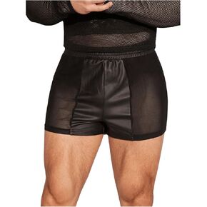 OYOANGLE Men's Leather Contrast Mesh Elastic Waist Shorts Sheer Skinny Casual Shorts Clubwear