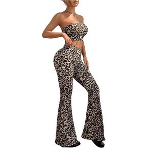 Floerns Women's Two Piece Outfit Cheetah Crop Tube Top with Flare Leg Pants Set