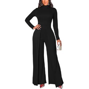 ZonJie Black Long Sleeve jumpsuits for Women Dressy Round Neck Work Party Wide Leg Pants Rompers with Zipper,10824 Black_X-Large