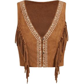 OYOANGLE Women's Button Front Fringe Cowgirl Vest Embroidered V Neck Sleeveless Crop Jackets