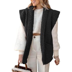 Tankaneo Womens Sherpa Fleece Vests Cap Sleeve Open Front Lightweight Teddy Jacket Gilet with Pockets