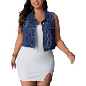 MakeMeChic Women's Plus Size Denim Vest Button Down Flap Pocket Jean Vest Sleeveless Collar Crop Denim Jacket