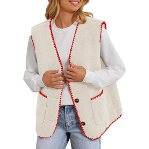 Women Fleece Lightweight Vest V Neck Open Front Button Down Sleeveless Casual Warm Sherpa Outwear with Pockets