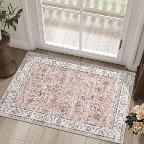 RYB HOME Brown Washable Runner Rug 2x6 for Enterway Hallway, Floral Vintage Distresssed Rug Soft Faux Wool Stain Resistant Non Slip Door Mat Runner for Kitchen Bathroom Laundry, 2x6 ft