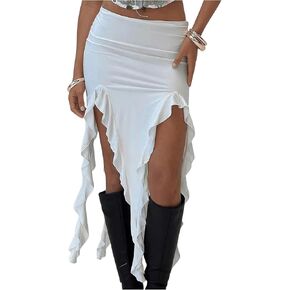 GORGLITTER Women's Ruched Ruffle Split Bodycon Midi Skirt Y2k Asymmetrical High Waist Skirts