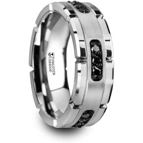 Roy Rose Jewelry Mens Tungsten Silver Inlay & Black Diamonds Grooved Wedding Ring - Brushed Comfort Fit - 8mm Wide - Style Name: Valor
