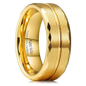 King Will Tungsten Wedding Rings for Men 8mm Silver Gold Groove Center with Hammered Multi-Faceted Edge Men's Wedding Band Gifts for Him Size 7-14