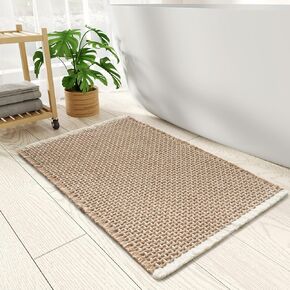 PADOOR Checkered Bath Mat, Super Absorbent Non Slip Bath Mats for Bathroom Floor 3D Two Tone Woven Bathroom Mat with Tassels Machine Washable Bathroom Rugs Beside Tub, 17" x 24", Brown & Cream