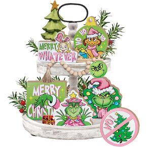Merry Christmas Tiered Tray Decor, Pink Xmas Tree Tray Decorations Set, Max Dog Hohoho Merry Whatever Girl Winter Wooden Signs, Funny Holiday Farmhouse Rustic Home Decor for Table Shelf Party