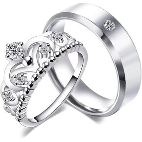LWJYX His Hers Couples Rings Women's Crown White Gold Filled Round CZ Wedding Engagement Ring & Men's Stainless Steel Wedding Band