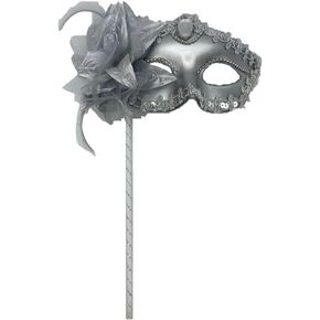 AZYOUNG Women’s Masquerade Half Face Mask on Stick with Black Silver Gold Painting and Side Feather Flower