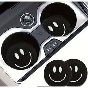 Car Cup Holder Coaster Absorbent Non-Slip 2 Pack Cute Black Smiling Face Rubber Lined. Great Gift