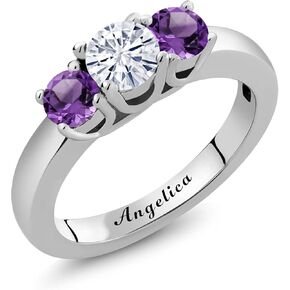 Gem Stone King 925 Sterling Silver Promise Customized and Personalized Name Engraved 3 Gemstone Birthstone For Her 3 Stone Engagement Ring For Women