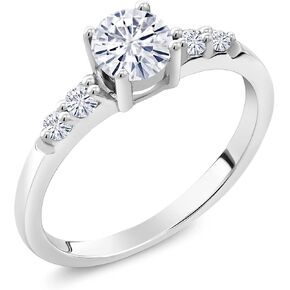Gem Stone King 925 Sterling Silver White Moissanite Engagement Ring For Women (0.65 Cttw, Round 5MM, Gemstone Birthstone, Available in Size 5,6,7,8,9)