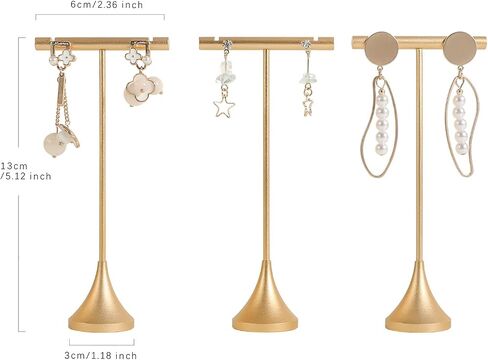 GemeShou 3pcs Gold Earring T bar Stand with stable base, Metal earring display holder for show, Small jewelry studs hanger shelf for Online store Photo Shoot【Gold-Cone Base 3pcs Height 5.1"】 in Kuwait