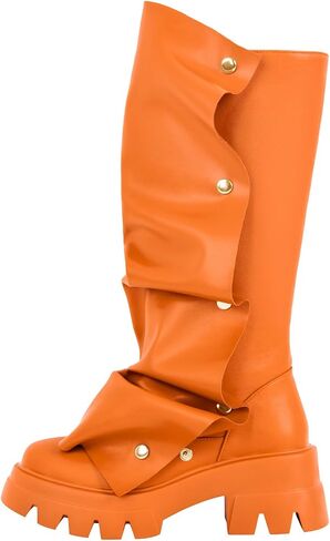 sexytag Women's Platform Slouchy Fold Over Boots Mid Calf Block Heel Round Toe Western Pull on Fashion Boot in Saudi Arabia