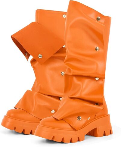 sexytag Women's Platform Slouchy Fold Over Boots Mid Calf Block Heel Round Toe Western Pull on Fashion Boot in Saudi Arabia