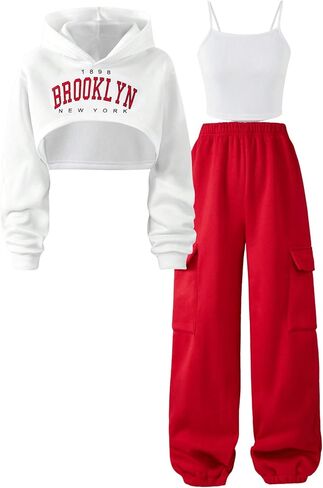 Milumia Girl's 3 Piece Outfits Letter Print Hoodie Crop Top Cami Top Cargo Pants Set in Saudi Arabia