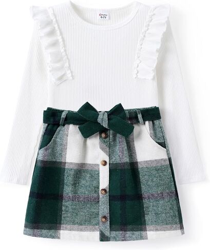 PATPAT Girl Skirt Set Fall Dresses for Girls Ruffle Trim Long Sleeve Sweater Top and Plaid Skirt Outfit 5-14 Years in Saudi Arabia