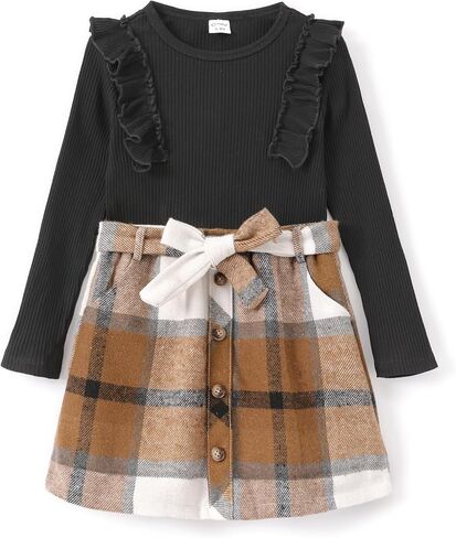 PATPAT Girl Skirt Set Fall Dresses for Girls Ruffle Trim Long Sleeve Sweater Top and Plaid Skirt Outfit 5-14 Years in Saudi Arabia
