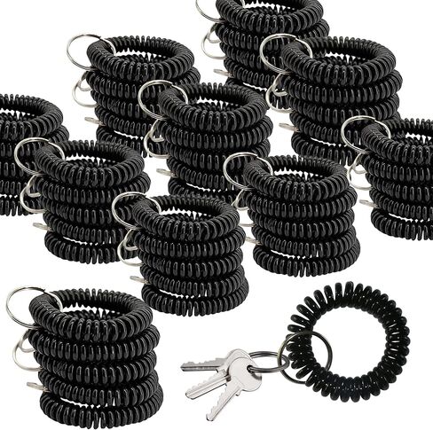 25PCS Keychain Wristlet Wrist Keychain Wristband Elastic Stretchable Spiral Bracelet Key Hook Key Holder for Gym Pool Spring Spiral Coil Keychain Black in Kuwait