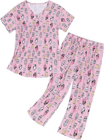 American Trends Womens Pajama Sets Two Piece Sleep Shirt Short Sleeve Cartoon Print Pj Set Tops with Capri Pants Sleepwear in Saudi Arabia