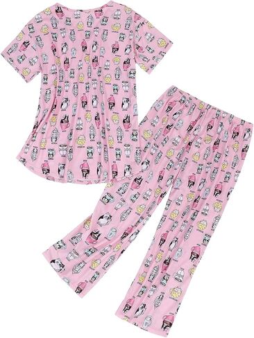 American Trends Womens Pajama Sets Two Piece Sleep Shirt Short Sleeve Cartoon Print Pj Set Tops with Capri Pants Sleepwear in Saudi Arabia