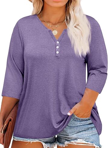 Beautife Womens Plus Size T-Shirts V Neck 3/4 Sleeve Tops Fall Henley Shirts Casual Basic Loose Fit Blouses in Saudi Arabia