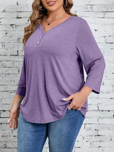 Beautife Womens Plus Size T-Shirts V Neck 3/4 Sleeve Tops Fall Henley Shirts Casual Basic Loose Fit Blouses in Saudi Arabia