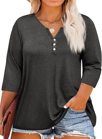 Beautife Womens Plus Size T-Shirts V Neck 3/4 Sleeve Tops Fall Henley Shirts Casual Basic Loose Fit Blouses in Kuwait