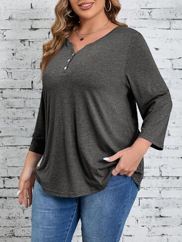 Beautife Womens Plus Size T-Shirts V Neck 3/4 Sleeve Tops Fall Henley Shirts Casual Basic Loose Fit Blouses in Kuwait
