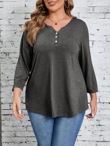Beautife Womens Plus Size T-Shirts V Neck 3/4 Sleeve Tops Fall Henley Shirts Casual Basic Loose Fit Blouses in Kuwait