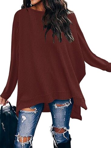 ANRABESS Women's Oversized Crewneck Long Batwing Sleeve Waffle Knit Lightweight Casual Loose Split Sweater Shirts Tunic Tops in Saudi Arabia