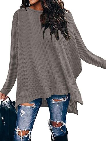 ANRABESS Women's Oversized Crewneck Long Batwing Sleeve Waffle Knit Lightweight Casual Loose Split Sweater Shirts Tunic Tops in Saudi Arabia