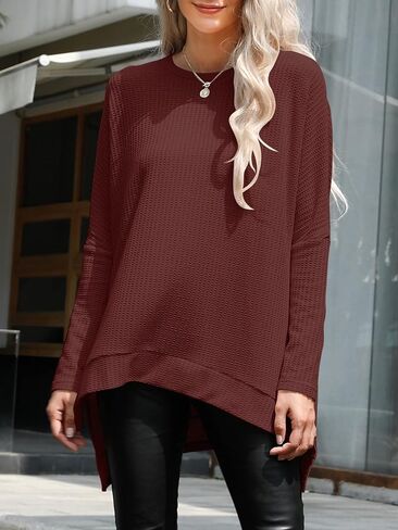 ANRABESS Women's Oversized Crewneck Long Batwing Sleeve Waffle Knit Lightweight Casual Loose Split Sweater Shirts Tunic Tops in Saudi Arabia