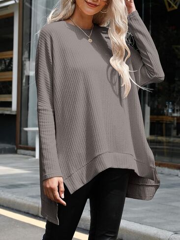 ANRABESS Women's Oversized Crewneck Long Batwing Sleeve Waffle Knit Lightweight Casual Loose Split Sweater Shirts Tunic Tops in Saudi Arabia