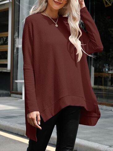 ANRABESS Women's Oversized Crewneck Long Batwing Sleeve Waffle Knit Lightweight Casual Loose Split Sweater Shirts Tunic Tops in Saudi Arabia