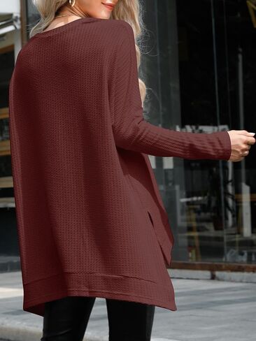 ANRABESS Women's Oversized Crewneck Long Batwing Sleeve Waffle Knit Lightweight Casual Loose Split Sweater Shirts Tunic Tops in Saudi Arabia