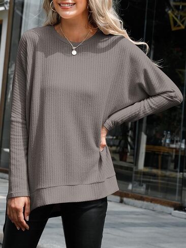 ANRABESS Women's Oversized Crewneck Long Batwing Sleeve Waffle Knit Lightweight Casual Loose Split Sweater Shirts Tunic Tops in Saudi Arabia