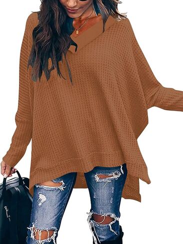 ANRABESS Women's Oversized Crewneck Long Batwing Sleeve Waffle Knit Lightweight Casual Loose Split Sweater Shirts Tunic Tops in Saudi Arabia