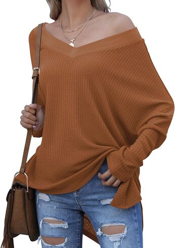 ANRABESS Women's Oversized Crewneck Long Batwing Sleeve Waffle Knit Lightweight Casual Loose Split Sweater Shirts Tunic Tops in Saudi Arabia