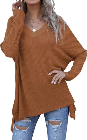 ANRABESS Women's Oversized Crewneck Long Batwing Sleeve Waffle Knit Lightweight Casual Loose Split Sweater Shirts Tunic Tops in Saudi Arabia