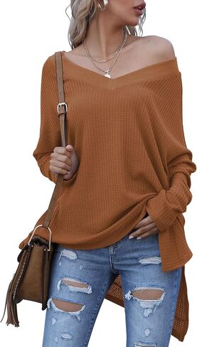 ANRABESS Women's Oversized Crewneck Long Batwing Sleeve Waffle Knit Lightweight Casual Loose Split Sweater Shirts Tunic Tops in Saudi Arabia