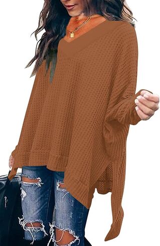 ANRABESS Women's Oversized Crewneck Long Batwing Sleeve Waffle Knit Lightweight Casual Loose Split Sweater Shirts Tunic Tops in Saudi Arabia