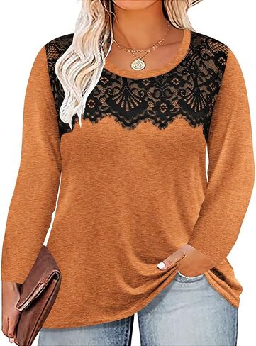 RITERA Plus Size Lace Tops for Women Long Sleeve Crewneck Pullover Fall T-Shirts Tunics Basic Tees T-Shirts XL-5XL in Saudi Arabia