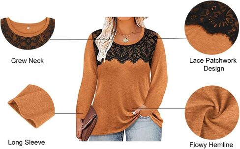 RITERA Plus Size Lace Tops for Women Long Sleeve Crewneck Pullover Fall T-Shirts Tunics Basic Tees T-Shirts XL-5XL in Saudi Arabia