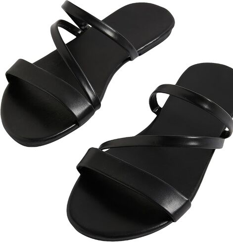 GORGLITTER Women's Metallic Strappy Open Toe Flat Sandal PU Leather Summer Slides Sandals in Saudi Arabia